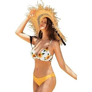 Jojo Lemon Womens Sunflower Floral Yellow Bikini Swimsuit - XLarge